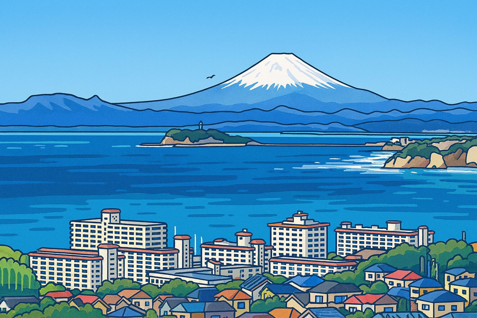逗子、葉山の湘南エリアより眺める海と富士山。移住者を魅了する。
